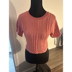 Zara Womens Coral Pink Cable Knit Short Sleeve Cropped Sweater Size Medium
